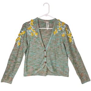 Anthropologie Womens Blue-Green Embroidered Floral Cardigan Sweater‎ MP Feminine